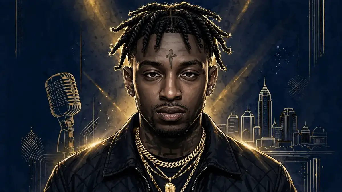 Illustrated portrait of rapper 21 Savage in navy and gold editorial style