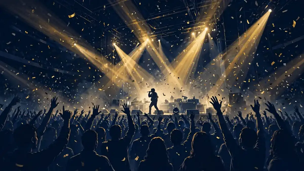 Illustration of 21 Savage performing on a packed arena stage under gold spotlights