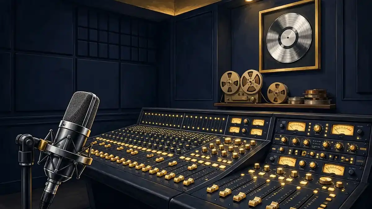 Illustration of a recording studio mixing desk with gold faders, symbolizing master recording ownership