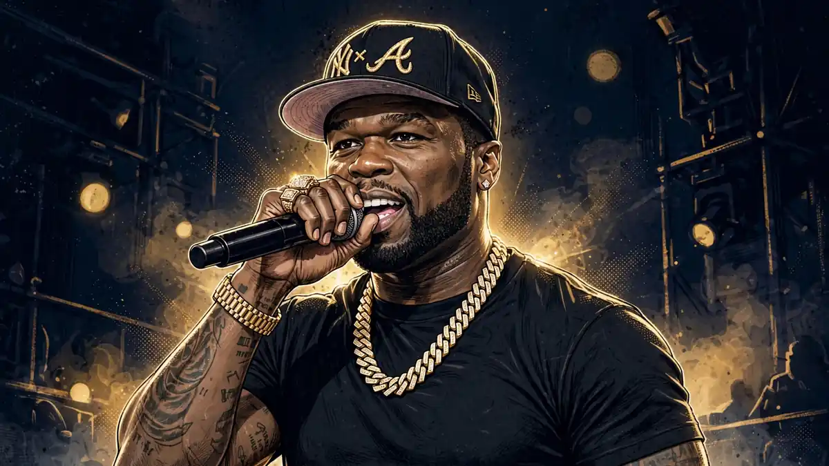 Stylized illustrated portrait of 50 Cent performing on stage with a microphone, dark navy and gold editorial style