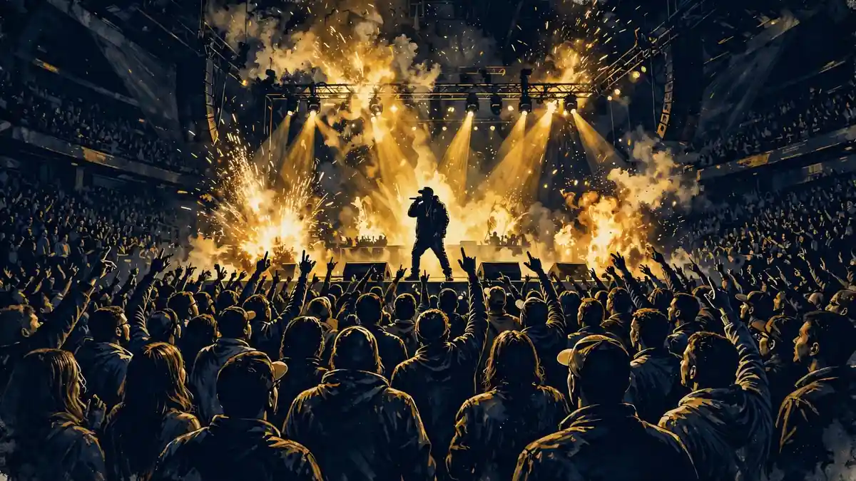 Illustrated concert arena scene with a rapper on stage before a roaring crowd in dark navy and gold