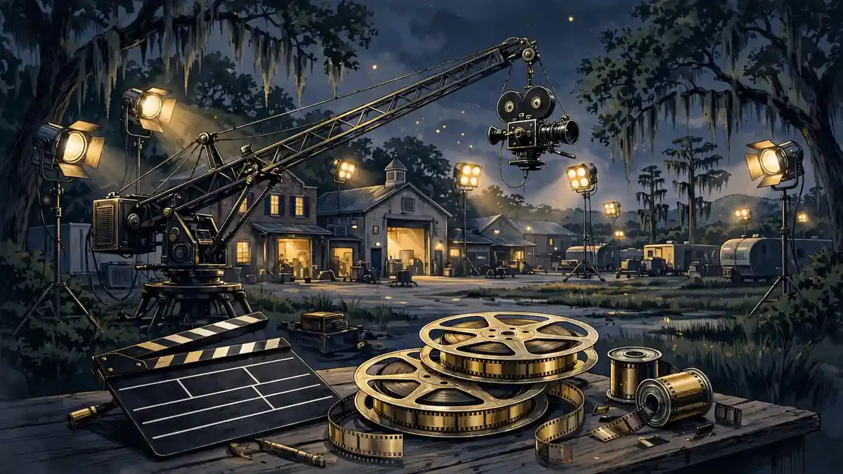Illustrated film studio lot with a movie camera on a crane at dusk, dark navy and gold editorial style