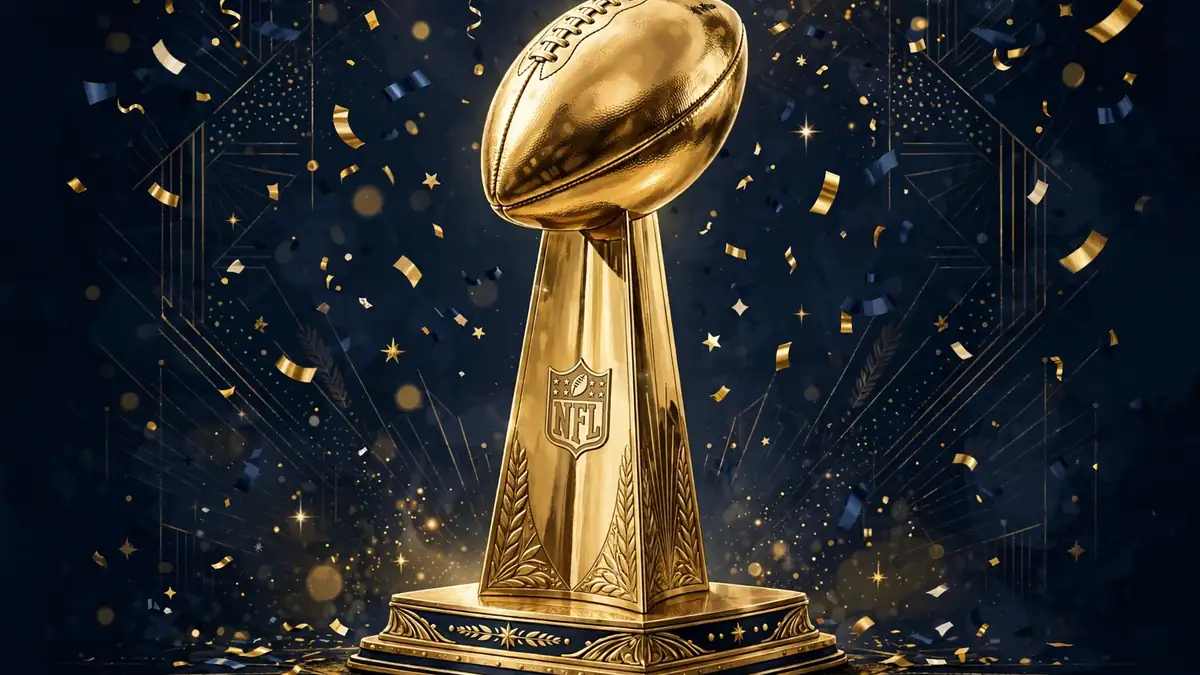 Stylized illustration of NFL contract documents and a gold trophy with dollar figures, in navy and gold