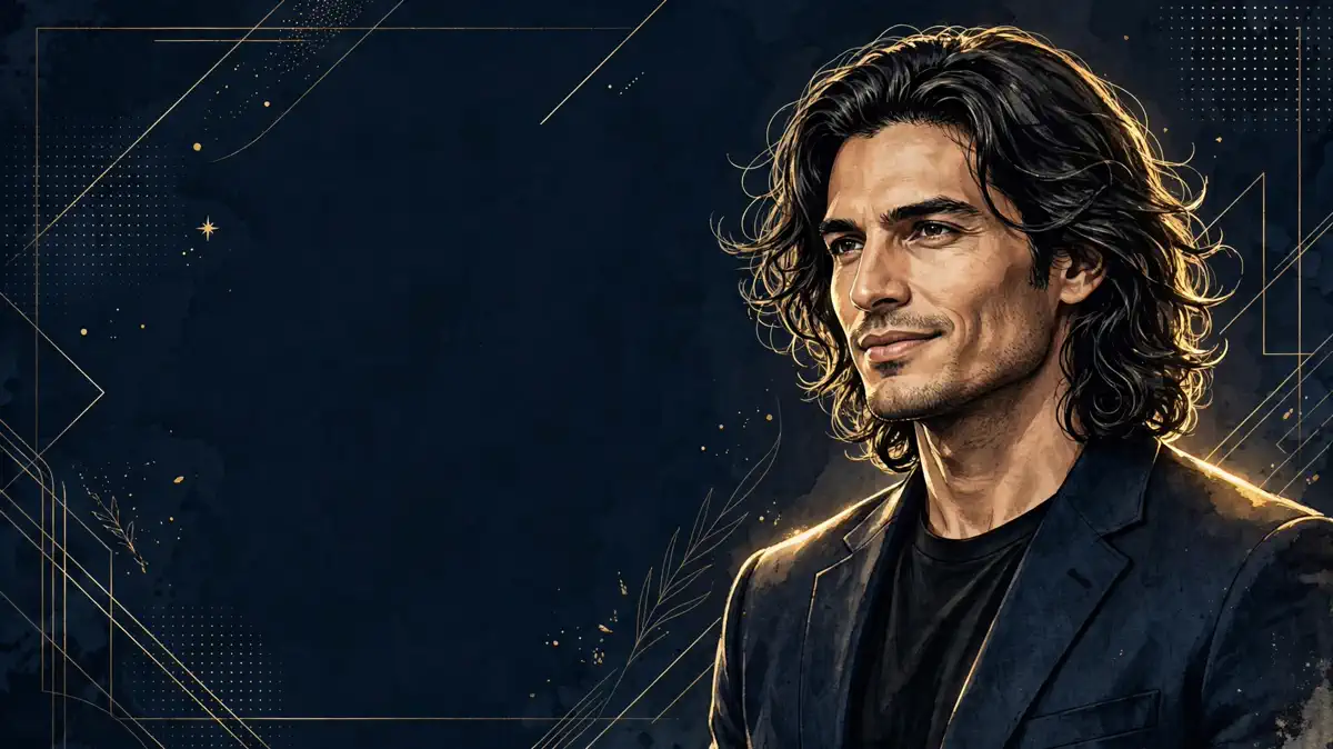 Stylized illustrated portrait of Adam Neumann in navy and gold