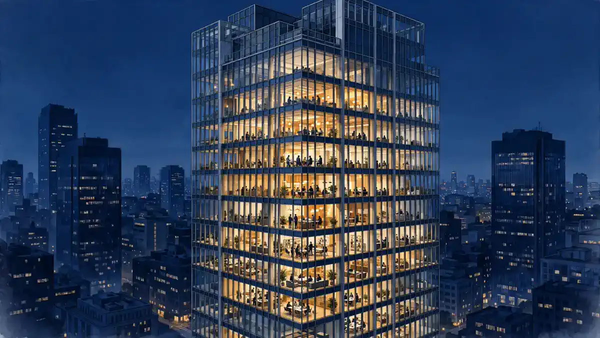 Illustration of a modern coworking office tower representing WeWork's rise