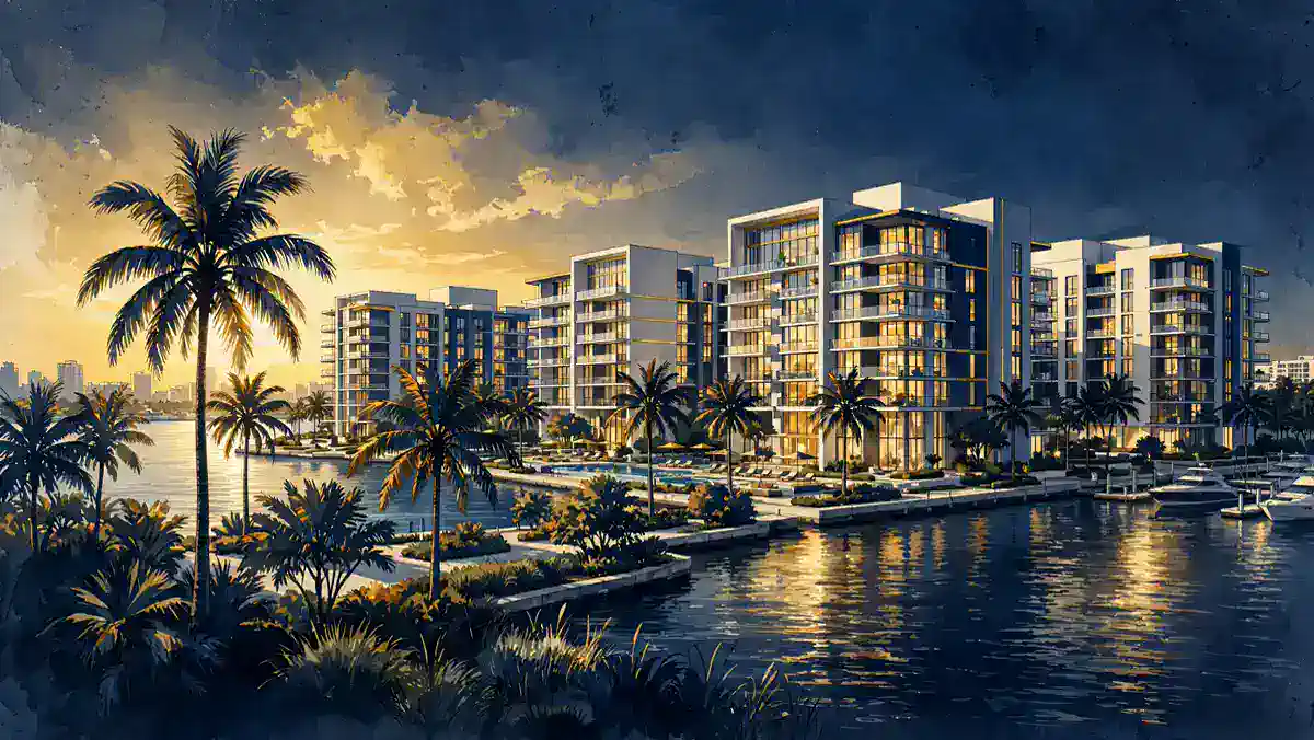 Illustration of a Miami waterfront residential complex representing Adam Neumann's Flow real estate venture