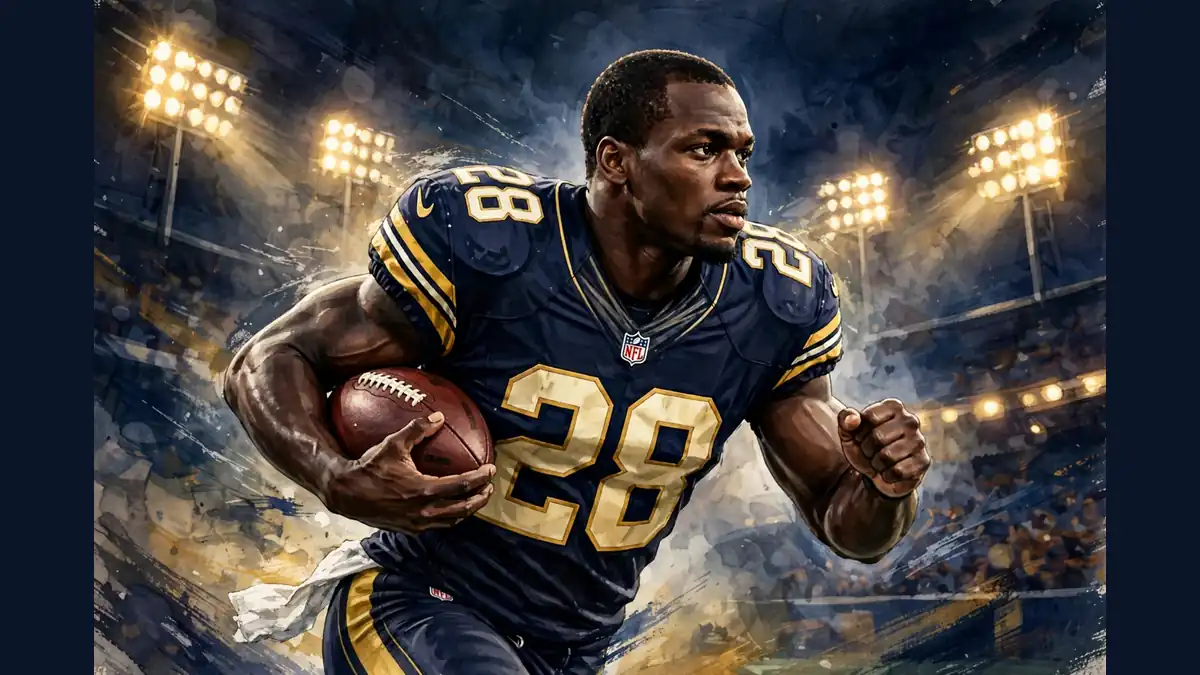 Stylized illustrated portrait of NFL running back Adrian Peterson in a navy number 28 jersey carrying a football