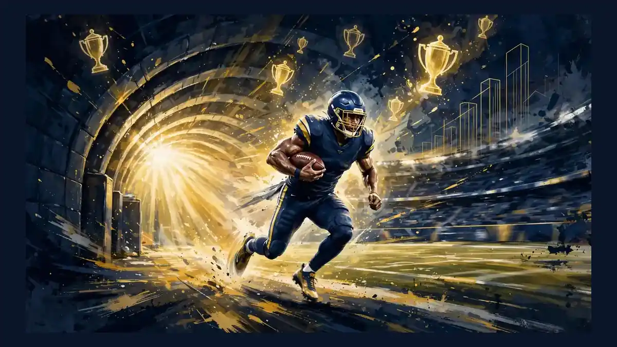 Illustrated running back sprinting through a tunnel of gold light with trophy shapes