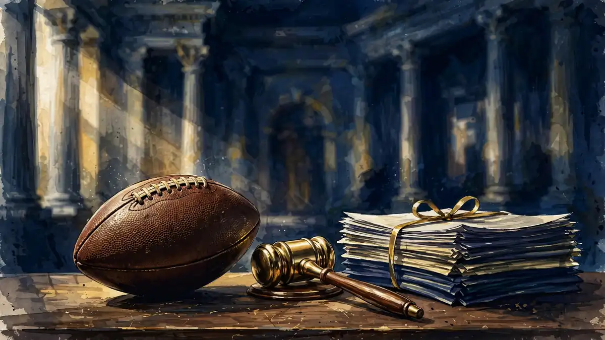 Illustration of a football beside a judge's gavel and legal documents