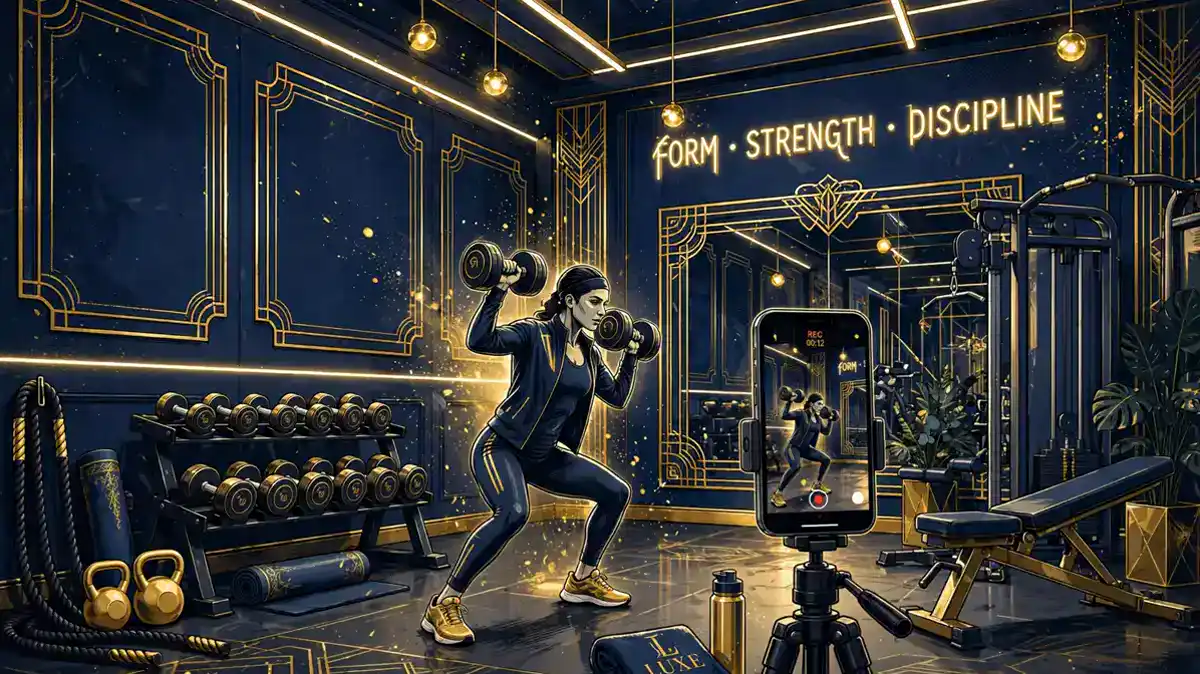 Illustration of a navy and gold gym studio with a camera tripod recording workout content