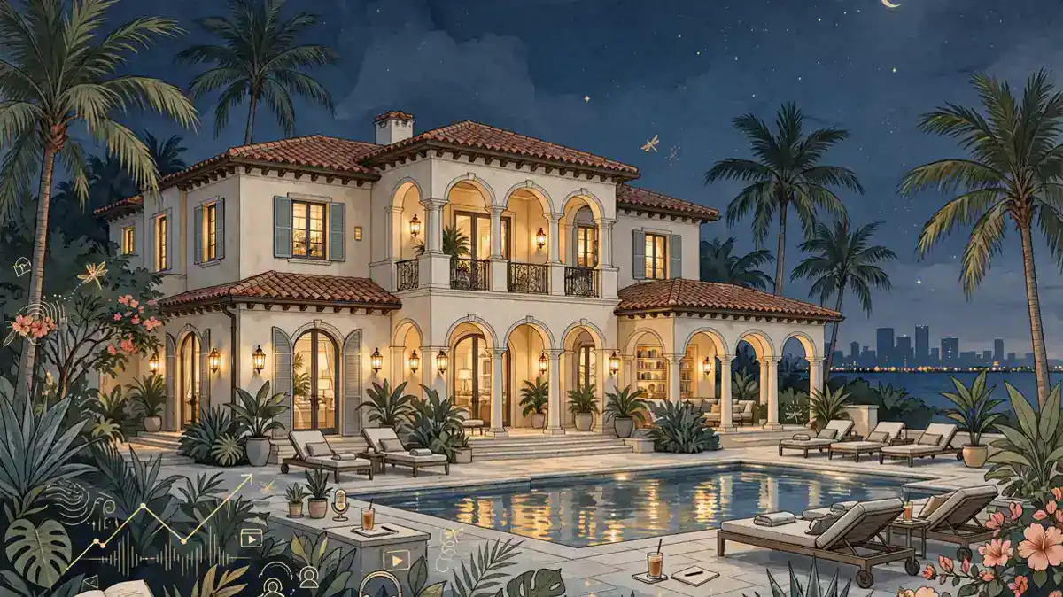 Illustration of a Miami mansion at dusk representing the Bop House creator collective's business success