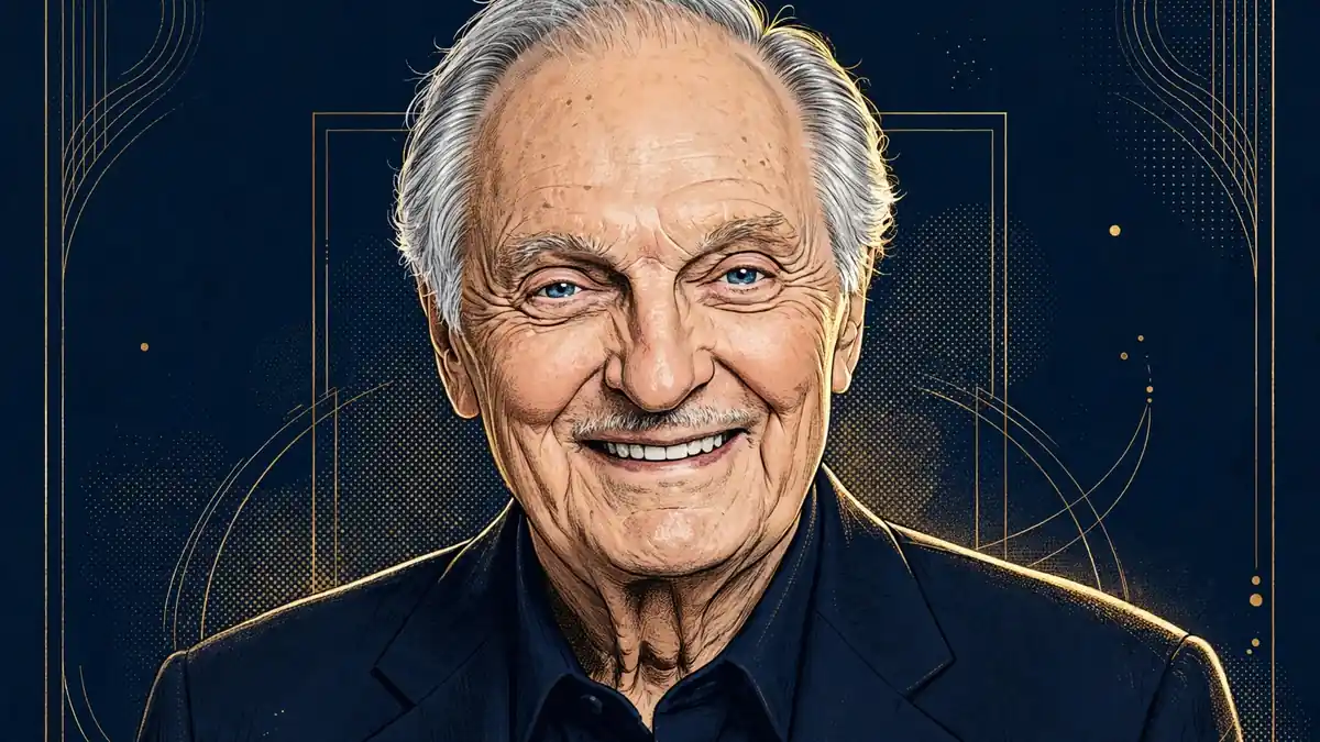 Stylized illustrated portrait of Alan Alda, the actor known for playing Hawkeye Pierce on M*A*S*H, in navy and gold editorial tones