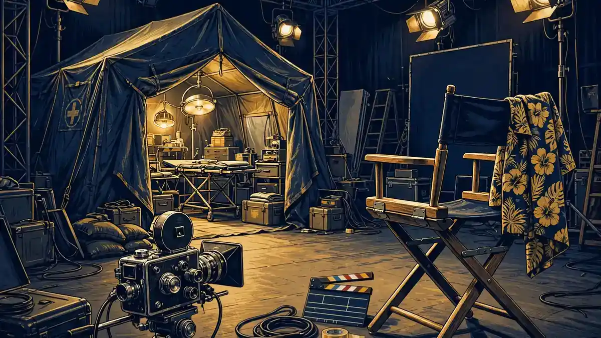 Stylized illustration of a 1970s television soundstage with a mobile surgical tent, vintage camera and director's chair in navy and gold