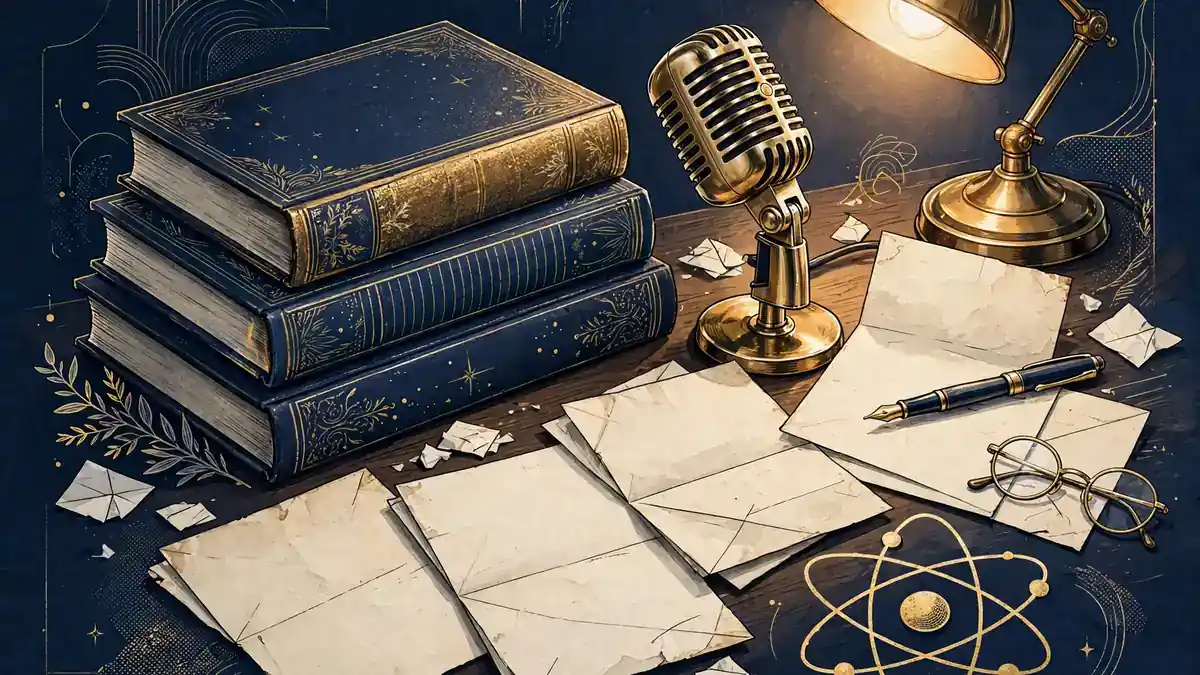 Stylized illustration of stacked memoir books, a podcast microphone and an atom symbol in navy and gold, evoking Alan Alda's second career as author and science communicator