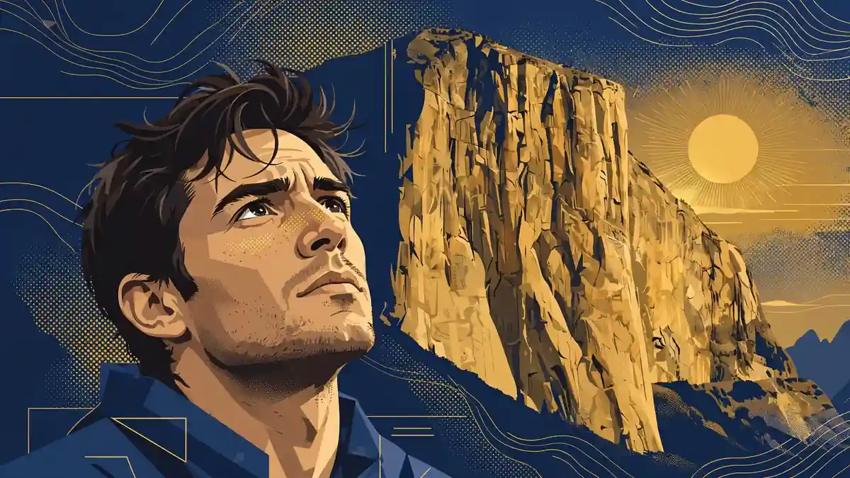 Stylized editorial portrait of Alex Honnold looking up at a towering golden granite big wall at dusk
