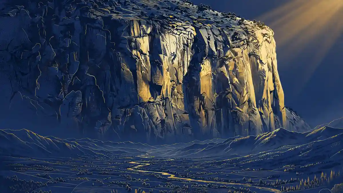 A lone climber high on a sunlit granite cliff face in Yosemite, dwarfed by the scale of the wall