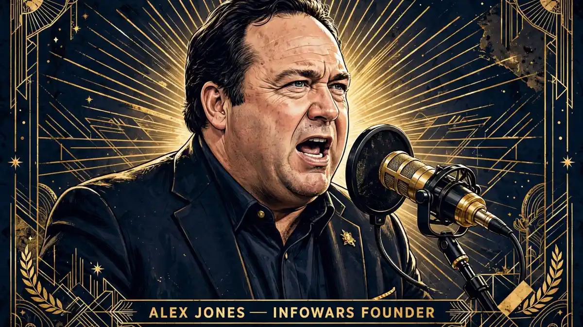 Stylized illustrated portrait of Alex Jones speaking into a studio microphone in navy and gold tones.