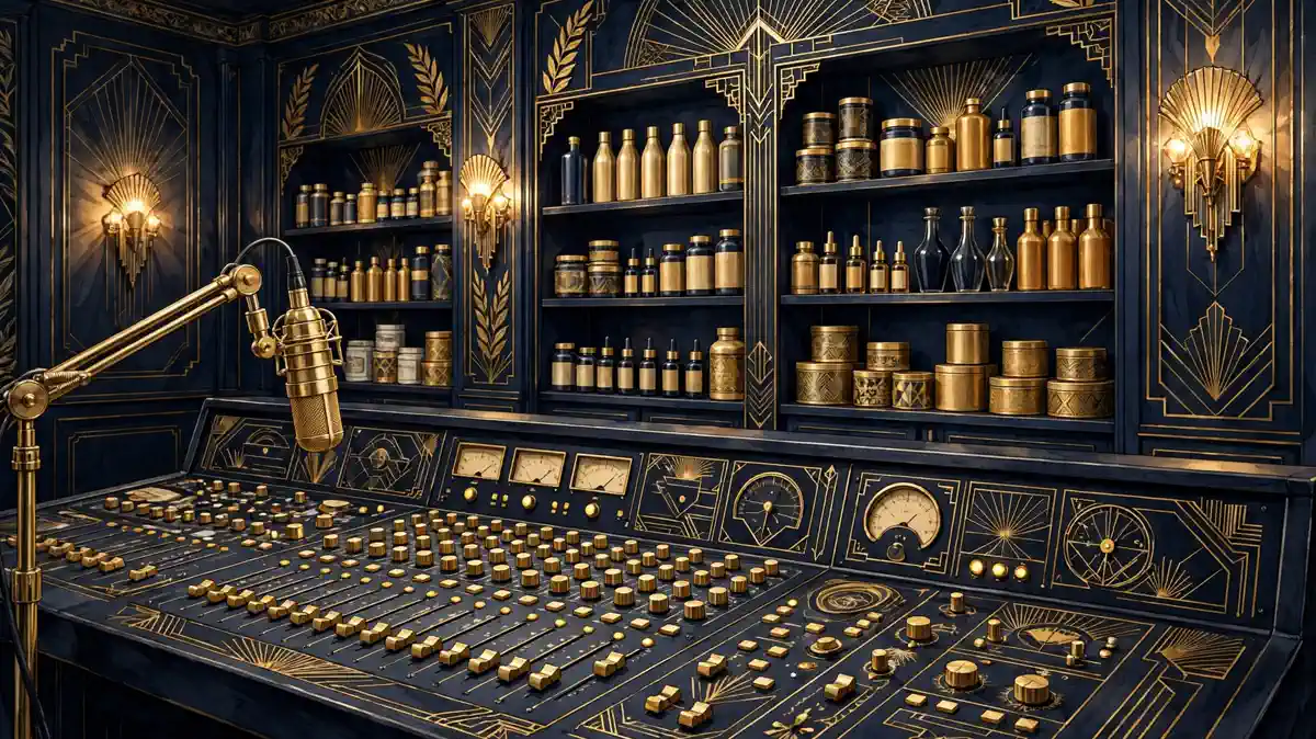 Illustration of a radio mixing desk and shelves of supplement bottles in navy and gold tones