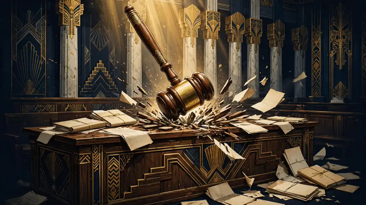 Illustration of a judge's gavel striking a courtroom desk surrounded by legal documents in navy and gold tones