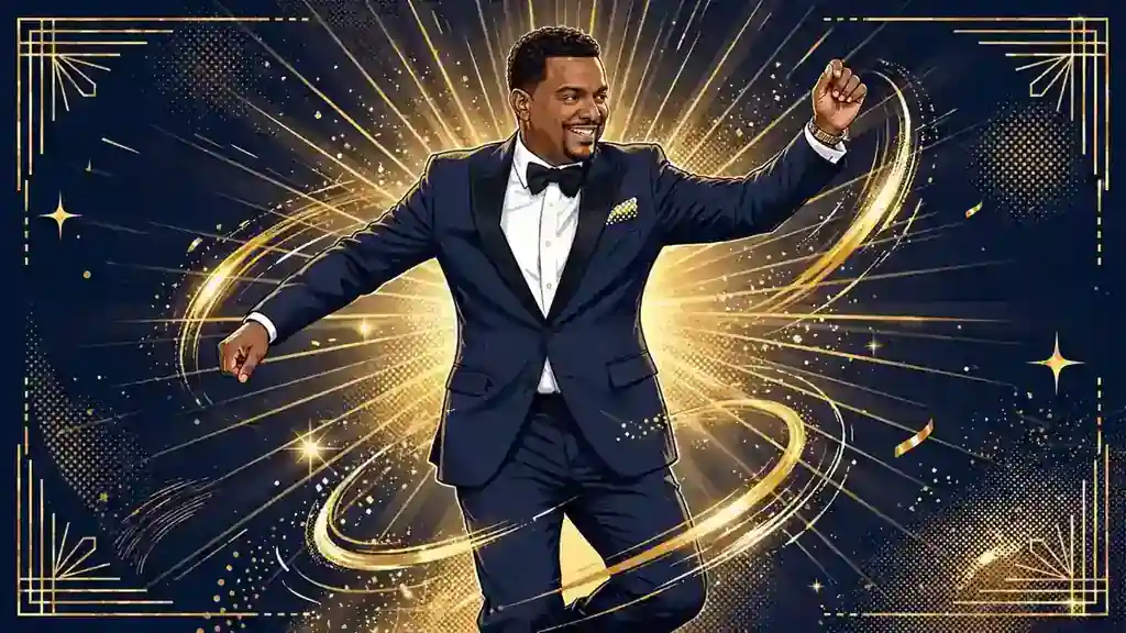 Illustrated portrait of Alfonso Ribeiro doing the Carlton dance in navy and gold editorial style