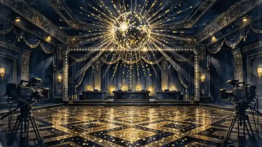 Illustration of a ballroom dance stage with a golden mirrorball in navy and gold style