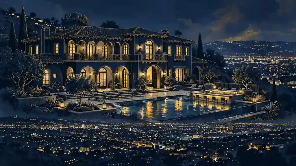 Illustration of a Mediterranean mansion in the Los Angeles hills at dusk
