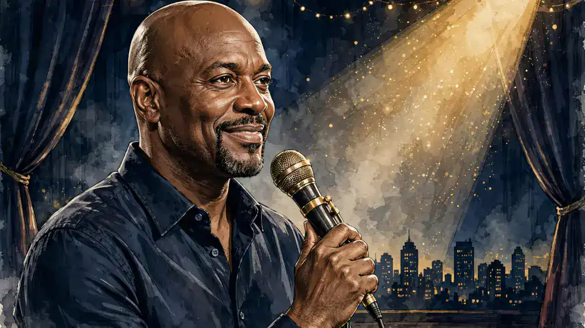 Illustrated portrait of comedian Ali Siddiq on a comedy club stage holding a microphone, in navy and gold editorial style