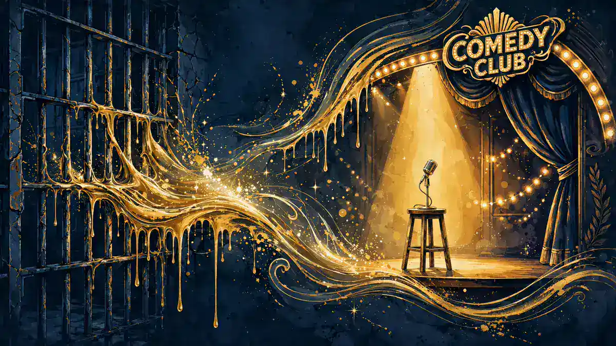 Illustration of prison bars opening into a comedy club stage spotlight in navy and gold