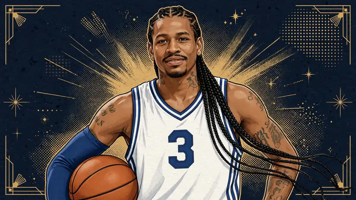 Stylized editorial illustration of Allen Iverson with cornrows in a white Philadelphia 76ers number 3 jersey holding a basketball, dark navy and gold style