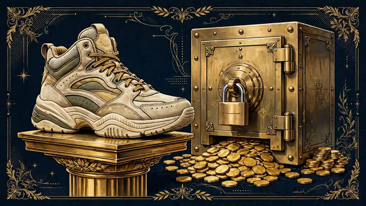 Editorial illustration of a retro basketball sneaker beside a locked bank vault with gold coins, representing Iverson's Reebok lifetime deal