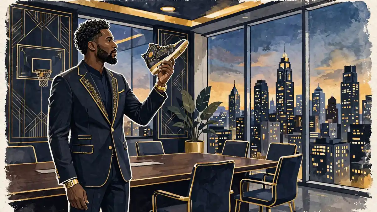 Editorial illustration of a former basketball star turned executive in a dark navy suit holding a sneaker in a modern boardroom