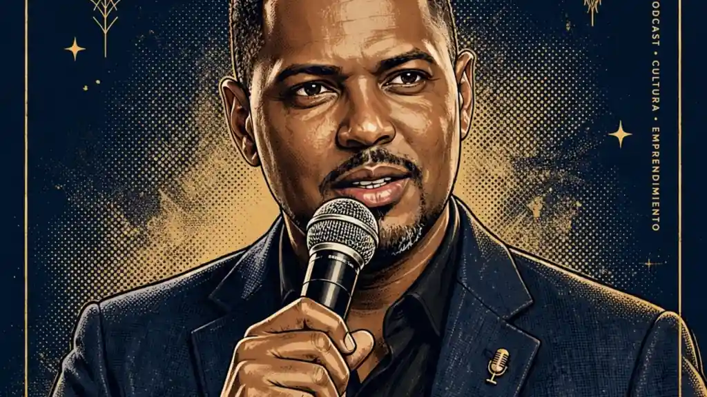 Illustrated portrait of Santiago Matías (Alofoke) holding a microphone in a navy and gold editorial style
