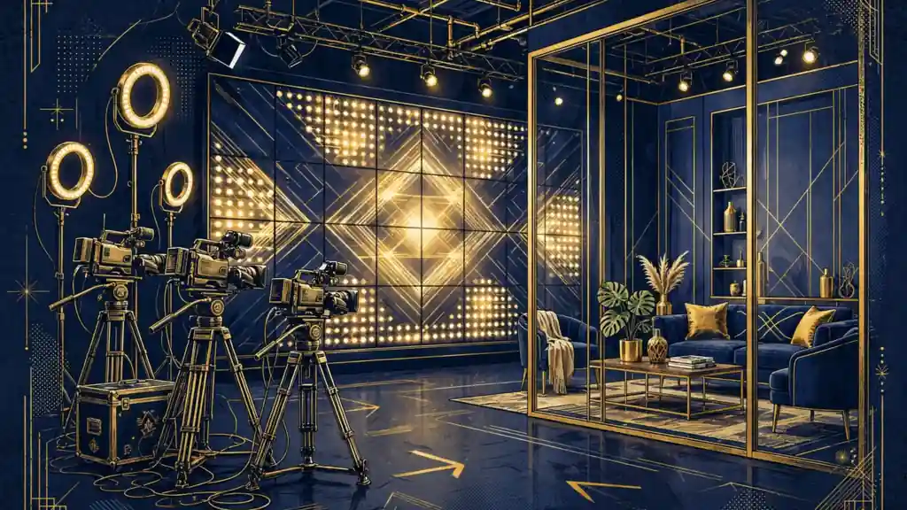 Illustration of the Alofoke reality-show livestream studio with broadcast cameras and an LED wall