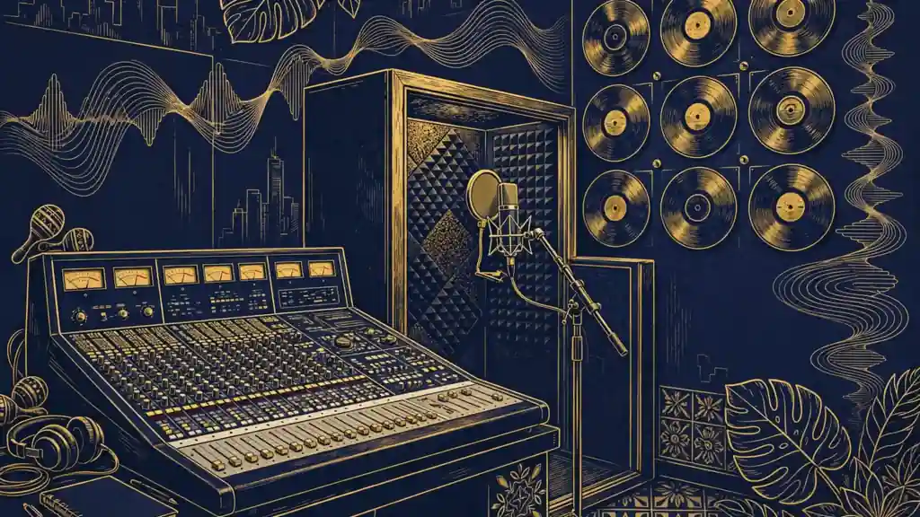 Illustration of the Alofoke Music record-label studio with a mixing console and vinyl records