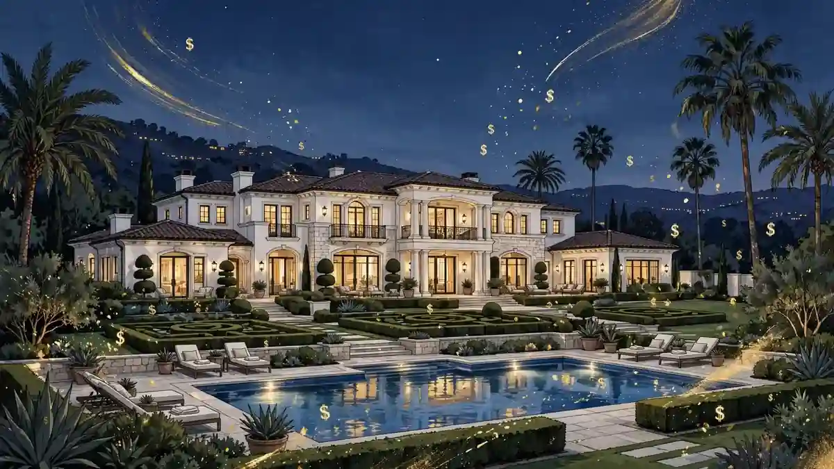 Illustration of a Bel-Air mansion at dusk representing Amanda Frances' six million dollar home purchase