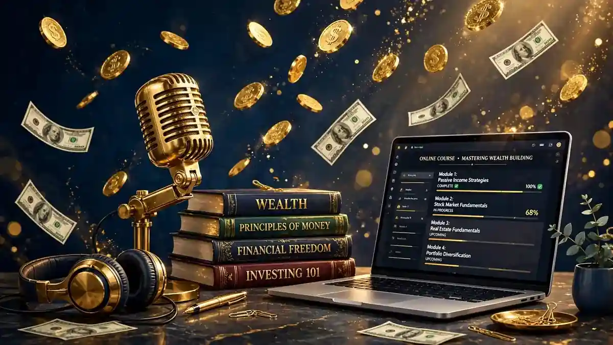 Illustration of a podcast studio desk with a golden microphone, wealth books and a laptop showing online course modules