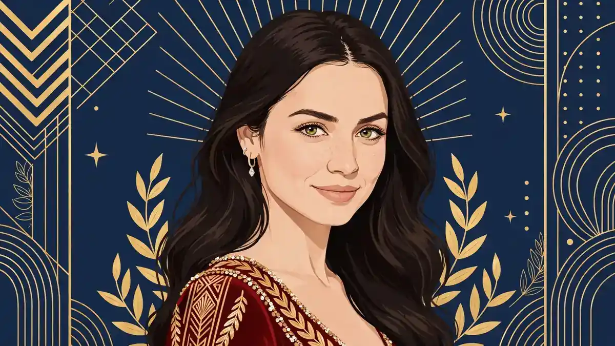 Stylized illustrated portrait of Ana de Armas in dark navy and gold editorial style