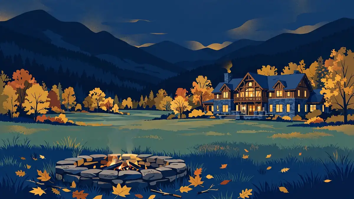 Illustrated dusk scene of a luxury Vermont mountain estate on thirty acres of meadows and forest, dark navy and gold editorial style