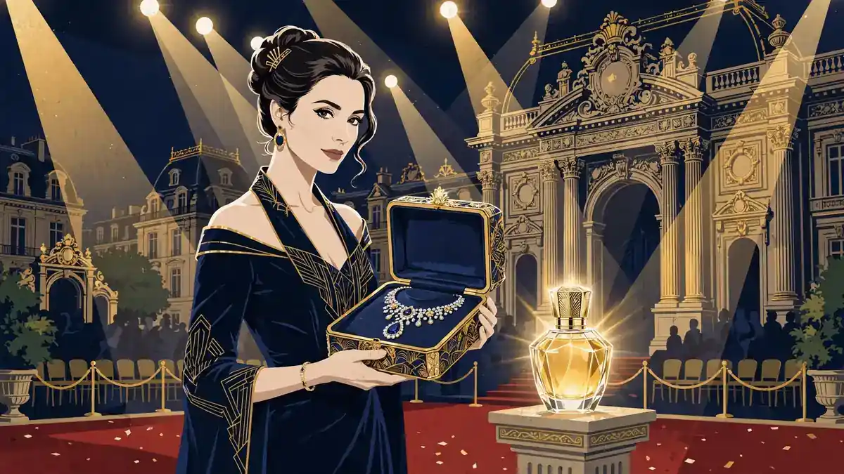 Illustrated luxury fashion campaign scene with an actress at a Paris show holding a high-jewelry case, dark navy and gold editorial style