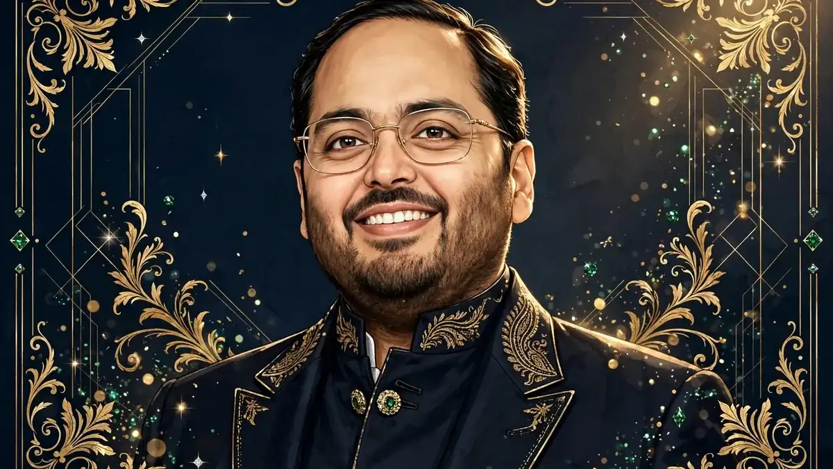Stylized illustrated portrait of Anant Ambani in navy and gold editorial style