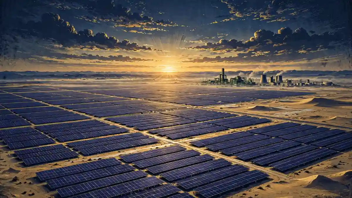 Illustrated solar panel farm in the Gujarat desert at sunrise representing Reliance's green energy push