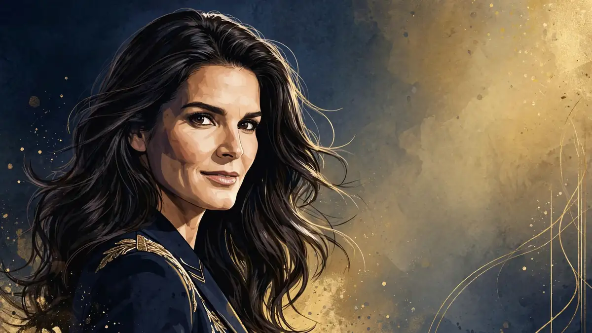 Illustrated portrait of Angie Harmon with long dark hair, dark navy and gold editorial style