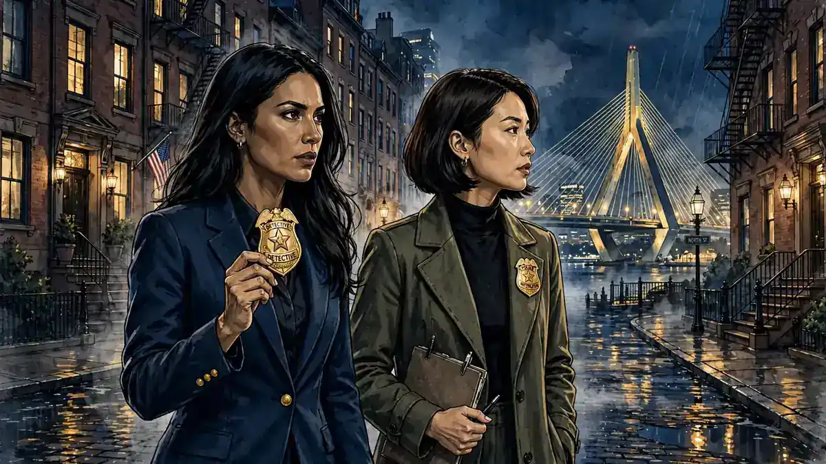Illustrated pair of female detectives walking a rainy Boston street at night, dark navy and gold editorial style