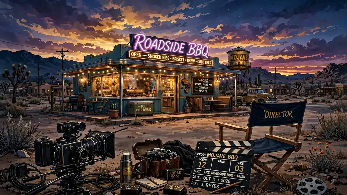 Illustrated desert BBQ diner film set at dusk with director's chair and camera, dark navy and gold editorial style