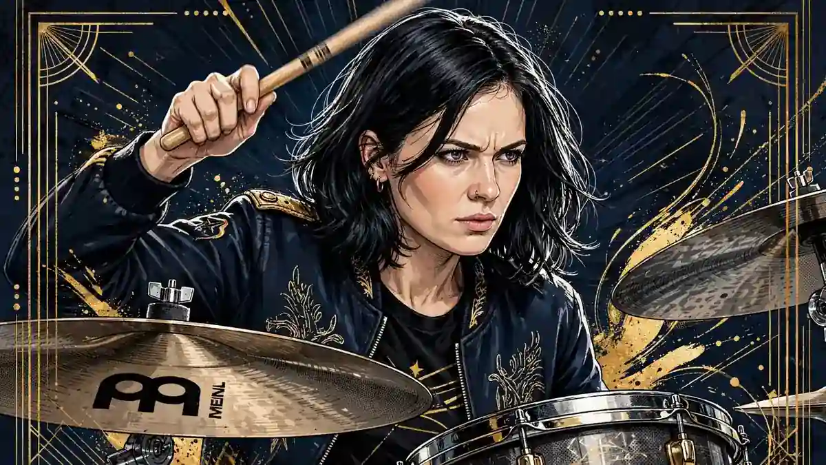 Illustrated editorial portrait of German drummer Anika Nilles playing drums on stage