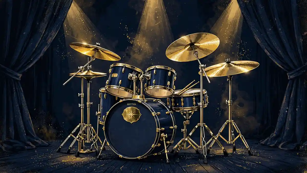 Illustrated drum kit and cymbals on a concert stage in navy and gold tones