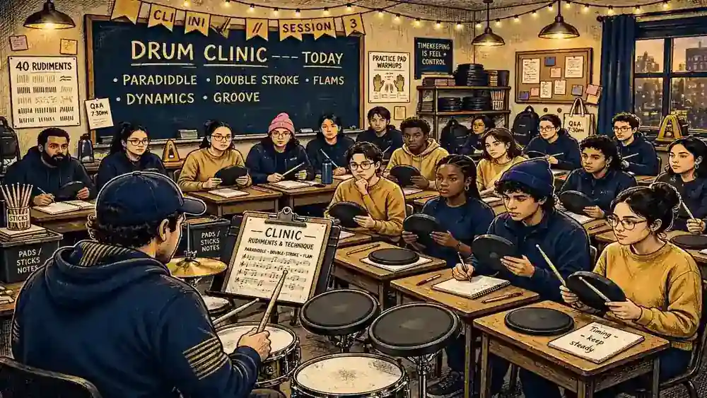 Illustrated scene of a drum teaching clinic with students and practice pads