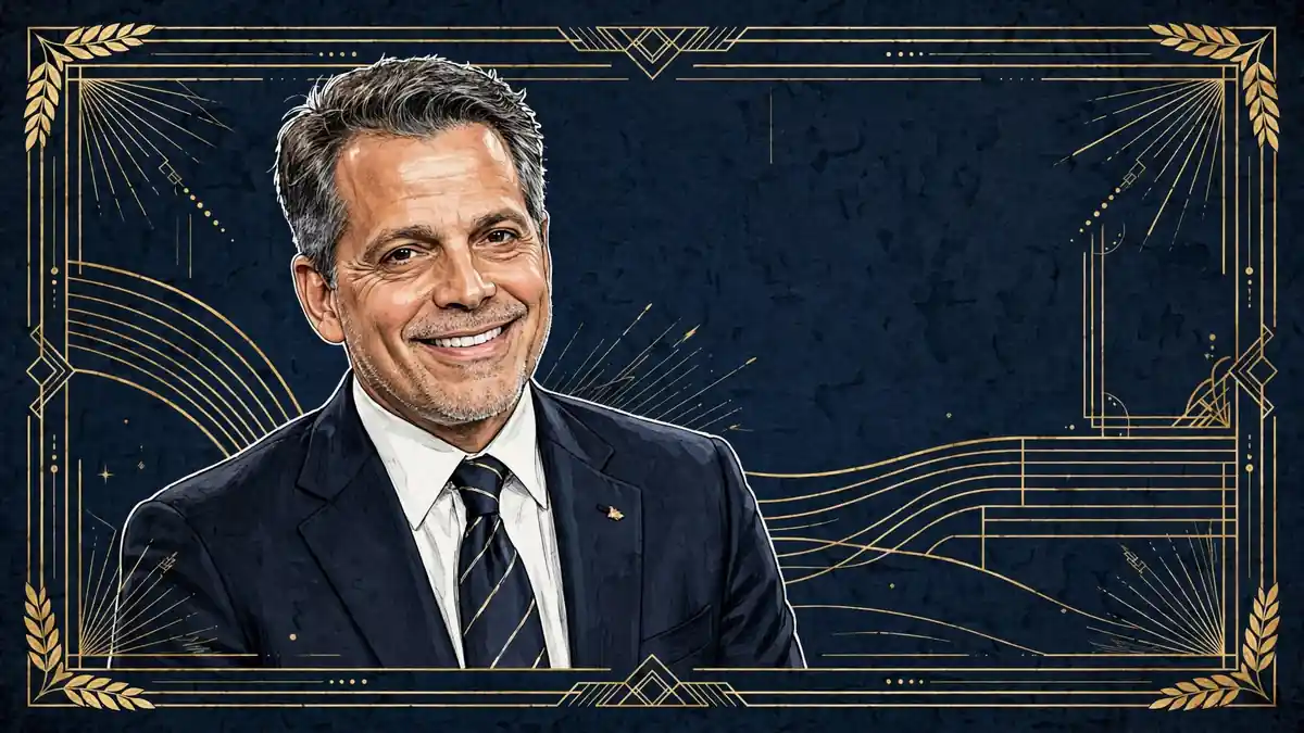 Stylized illustrated portrait of Anthony Scaramucci, founder of SkyBridge Capital, smiling in a navy suit against a dark navy and gold background
