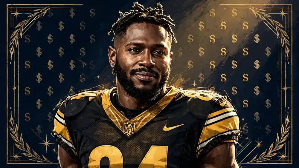 Stylized illustrated portrait of Antonio Brown in a black and gold number 84 jersey, navy and gold editorial style