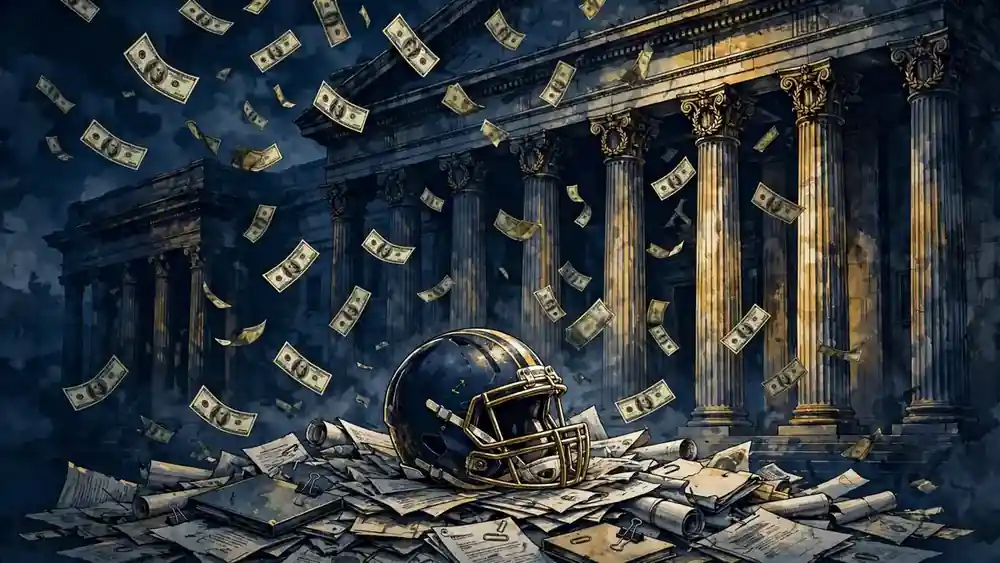 Illustration of a football helmet on legal documents with falling dollar bills before courthouse columns, navy and gold style